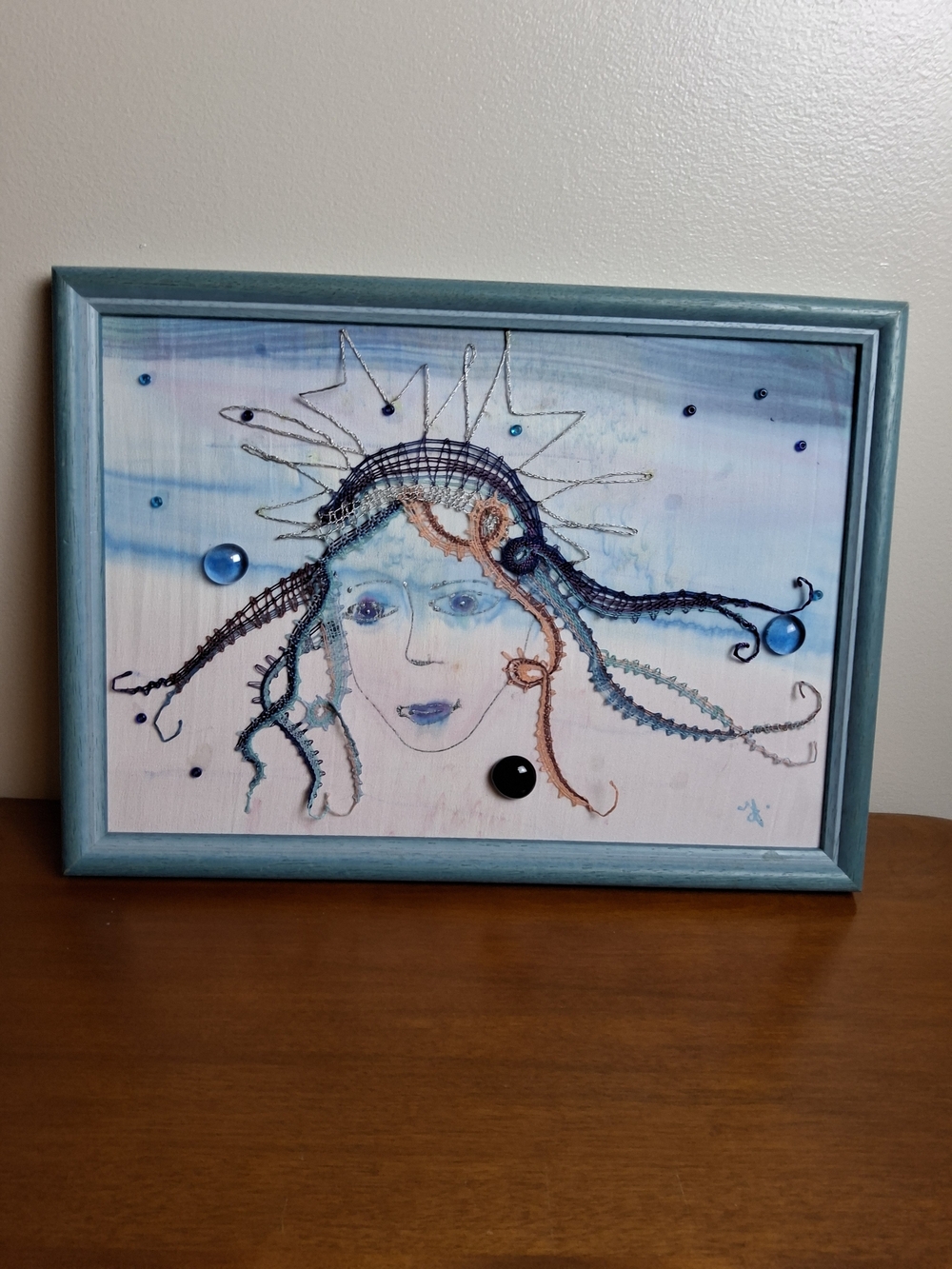 Handcrafted Blue Teal Mixed-Media Wall Art — Nautical Face Motif